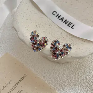 Colorful Rhinestone Heart Stud Earrings, Silver Tone Multi‑Color Crystal Earrings, Women’s Valentine’s Day Jewelry Gift