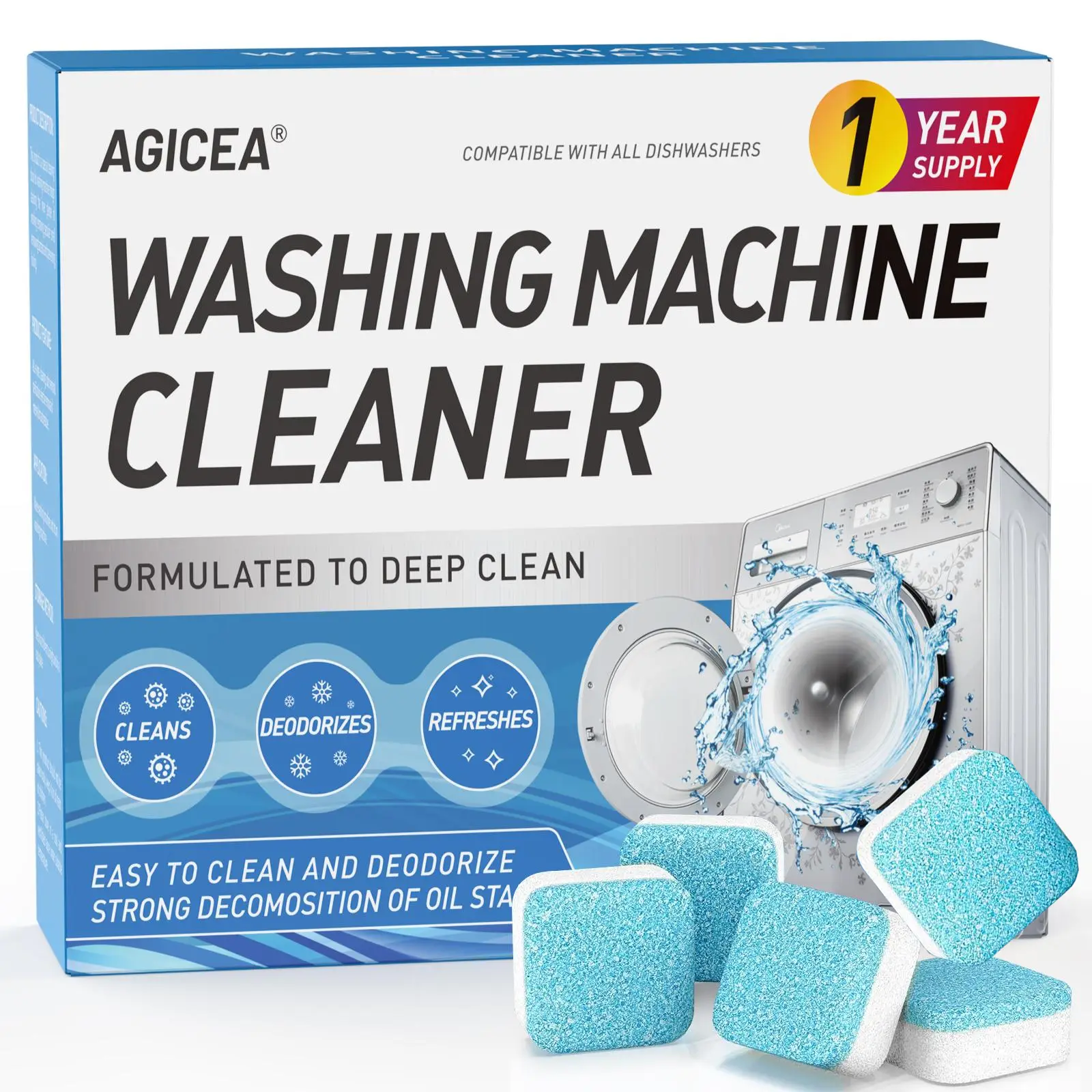Washing Machine Cleaner Descaler 24 Pack - Deep Cleaning Tablets For HE Front Loader & Top Load Washer, Septic Safe Eco-Friendly Deodorizer, Clean Ins