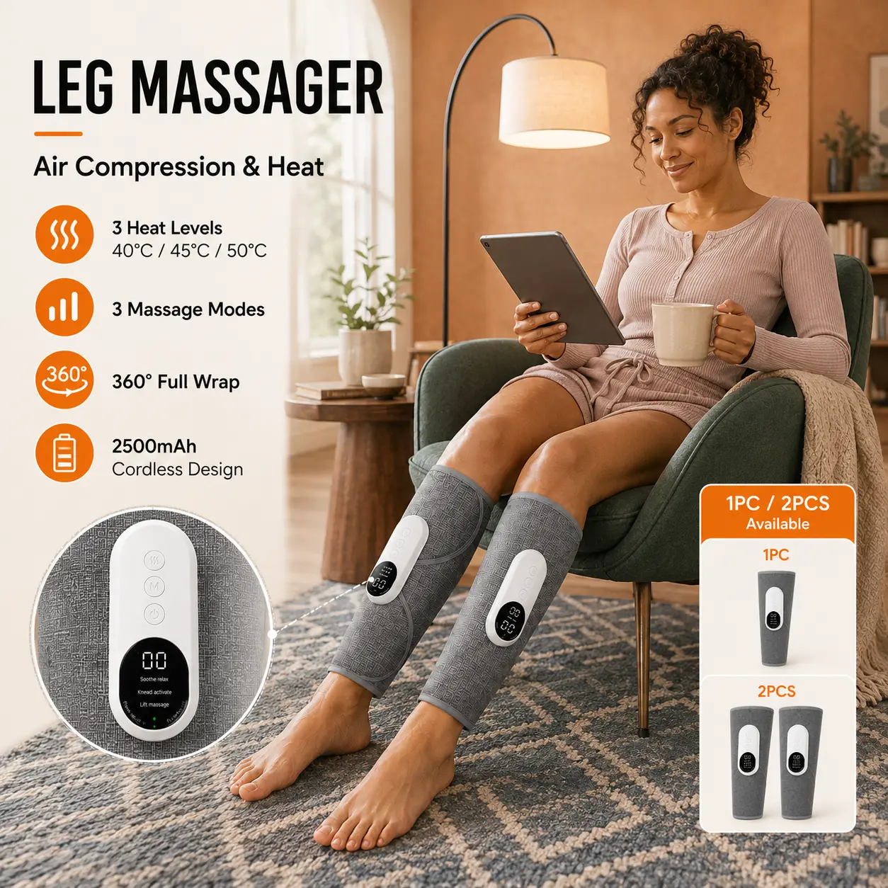 Leg Massager for Circulation and Pain Relief, Calf Air Compression Massager with Heat, Leg Massager with 3 Intensities, 3 Modes, Easy to use, Muscle Relaxation, Gifts (Pair)