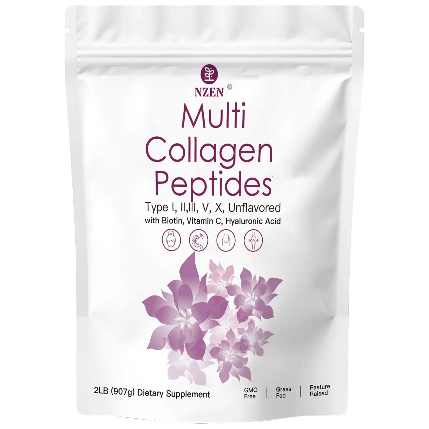 NZEN Multi Collagen Peptides Powder 2lb Type I II III V X with Biotin Vitamin C & Hyaluronic Acid Unflavored Supports Hair Skin Joint Health Keto Non GMO Collagen Peptide Nutritional Supplement