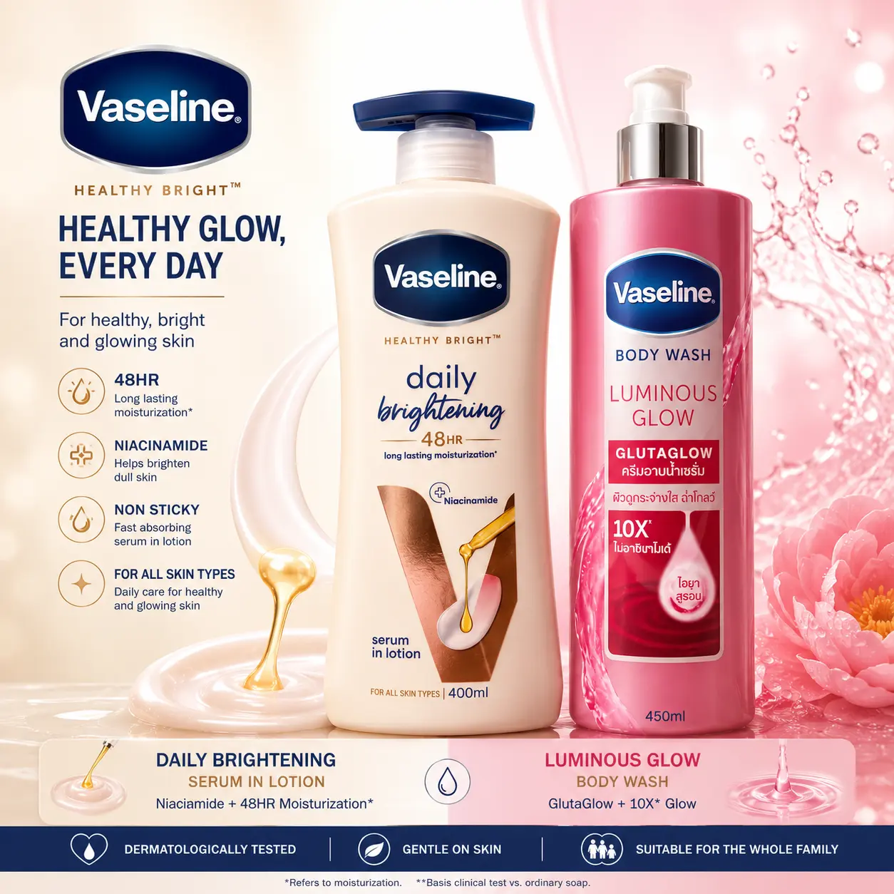 Vaseline Daily Brightening Serum (400mL) & Luminous Body Wash, Beauty & Personal Care Bath & Shower Cleanser