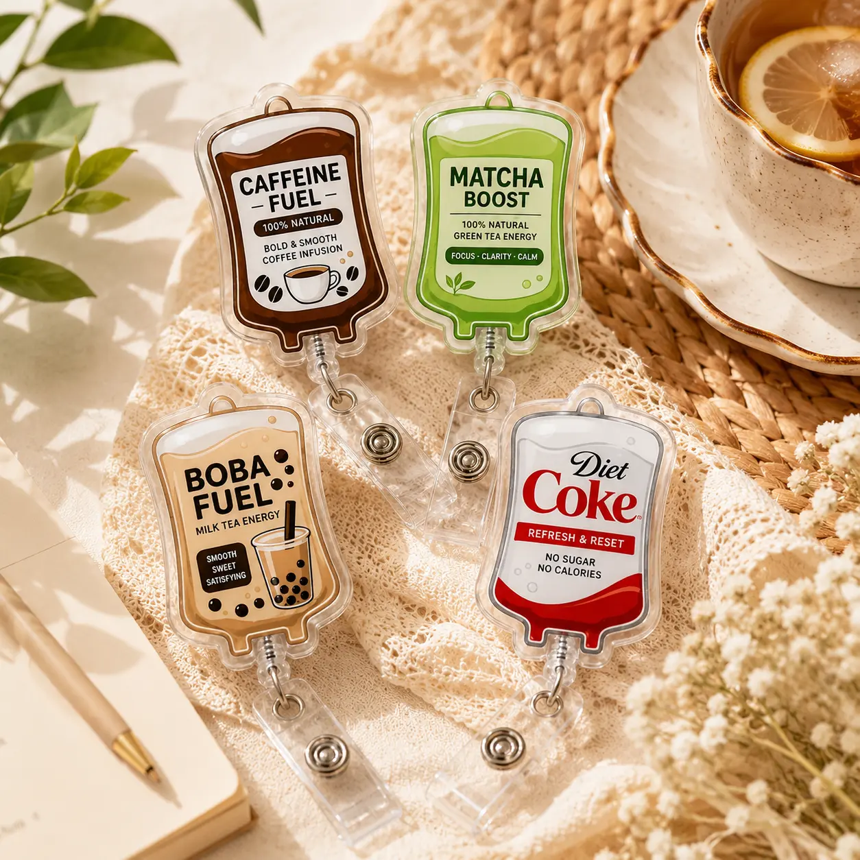 Funny Milk Tea / Matcha IV Bag Badge Reel – Cute Medical ID Holder for RN, ER Nurse