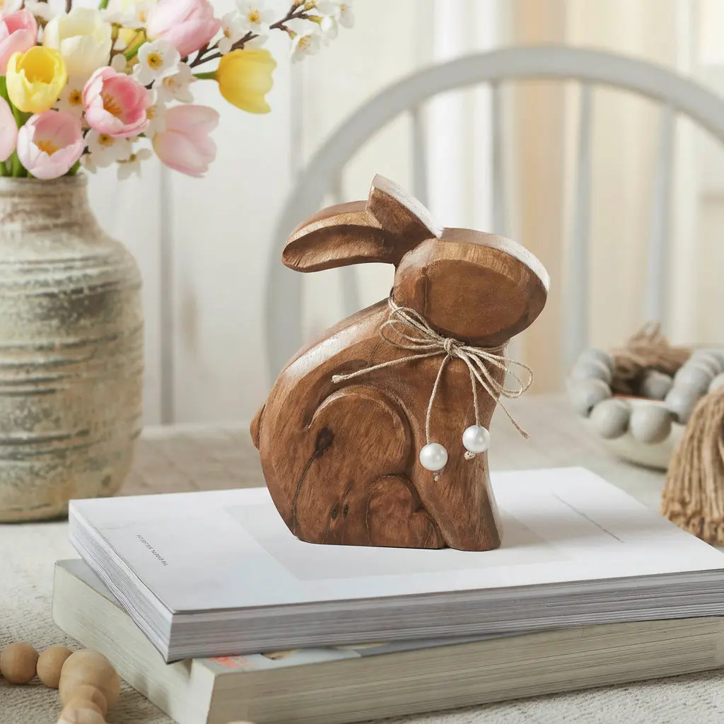 Bunny Hop Wooden Figurine with Pearl Beads, Tropical Farmhouse Room Decoration, 6x7.25in, Table