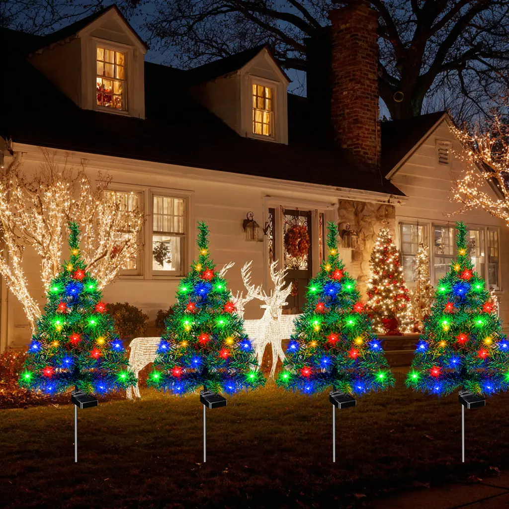 (4 sets of solar-powered Christmas tree lights, outdoor courtyard, garden, lawn, small path lights, atmosphere lights)