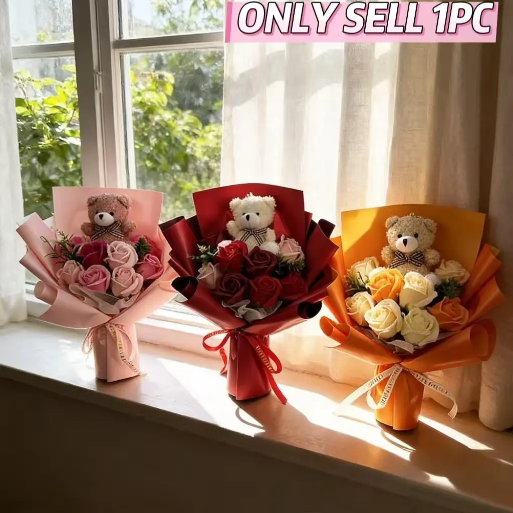Romantic Artificial Flowers Rose Bear Bouquet, Decorative Faux Flower, Home Decoration Bouquet, Eternal Decorative Home Decor, Perfect Gift for Mother's Day, Valentine's Day, Birthdays