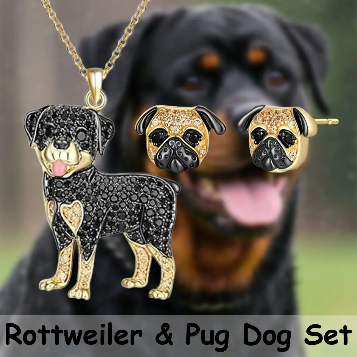 Pet Lovers' 3-Piece Golden Costume Jewelry Set - Cute Adorable Pug Stud Earrings, Handsome Golden Rottweiler Alloy Pendant Necklace, Unisex Premium Daily Fashion Accessory, Ideal Birthday/Christmas Gift for Loved Ones, Animals, Gold Jewelry Sets