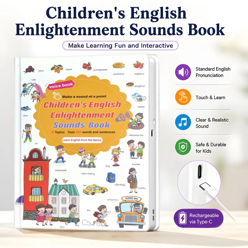 Interactive Audio Early Learning & Soft Book for Toddlers 3+, English Enlightenment Toy with 470+ Words, 21 Themes, Touch-Learn Activities, Fun Word Games, Safe Durable Build, Toddler Gifts, Gift Ideas for Kids