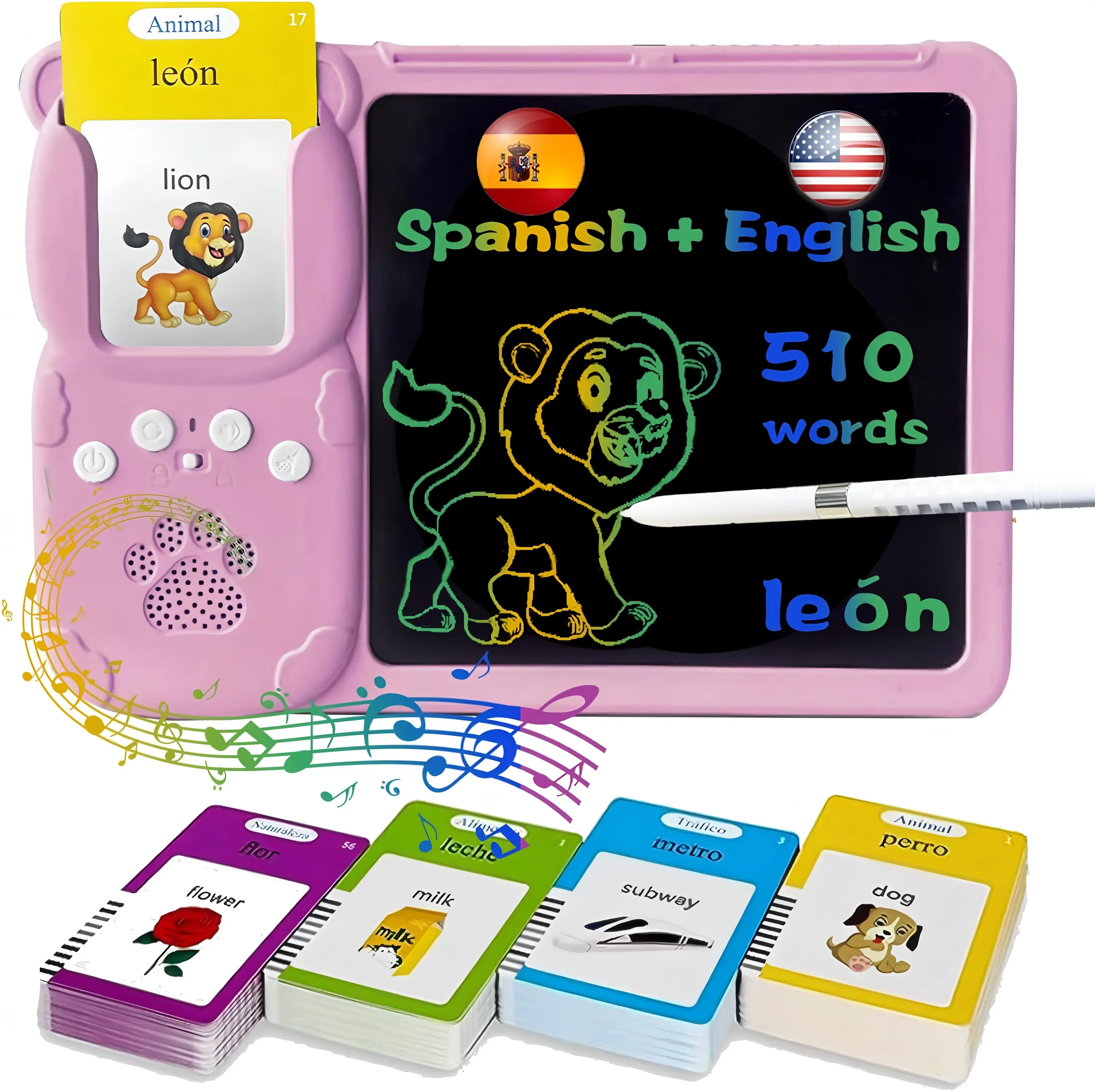 KIDGENIUS Rechargeable Battery Talking Flash Cards with Plastic Writing Tablet, Pocket Size 510-Word Speech Toy with Sound FX, Batteries Included - Bilingual Toddler Learning Activities Toy (Ages 3-12)