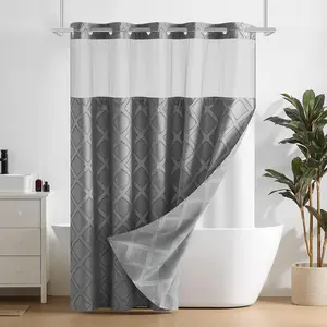 No Hook Shower Curtain with Snap in Liner,Grey Waffle Fabric Shower Curtain Set for Bathroom,Hotel Style Double-Layer Waterproofing Curtains 71W x 74L