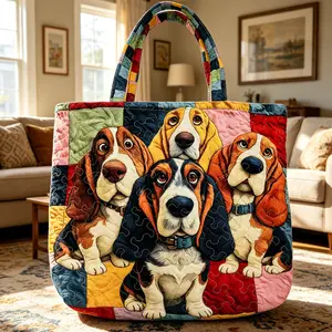 Women's Basset Hound Quilted Tote Bags, Cute Dog Patchwork Handbag, Large-Capacity Washable Shoulder Bag for Travel Shopping, Gift for Dog Mom Lovers