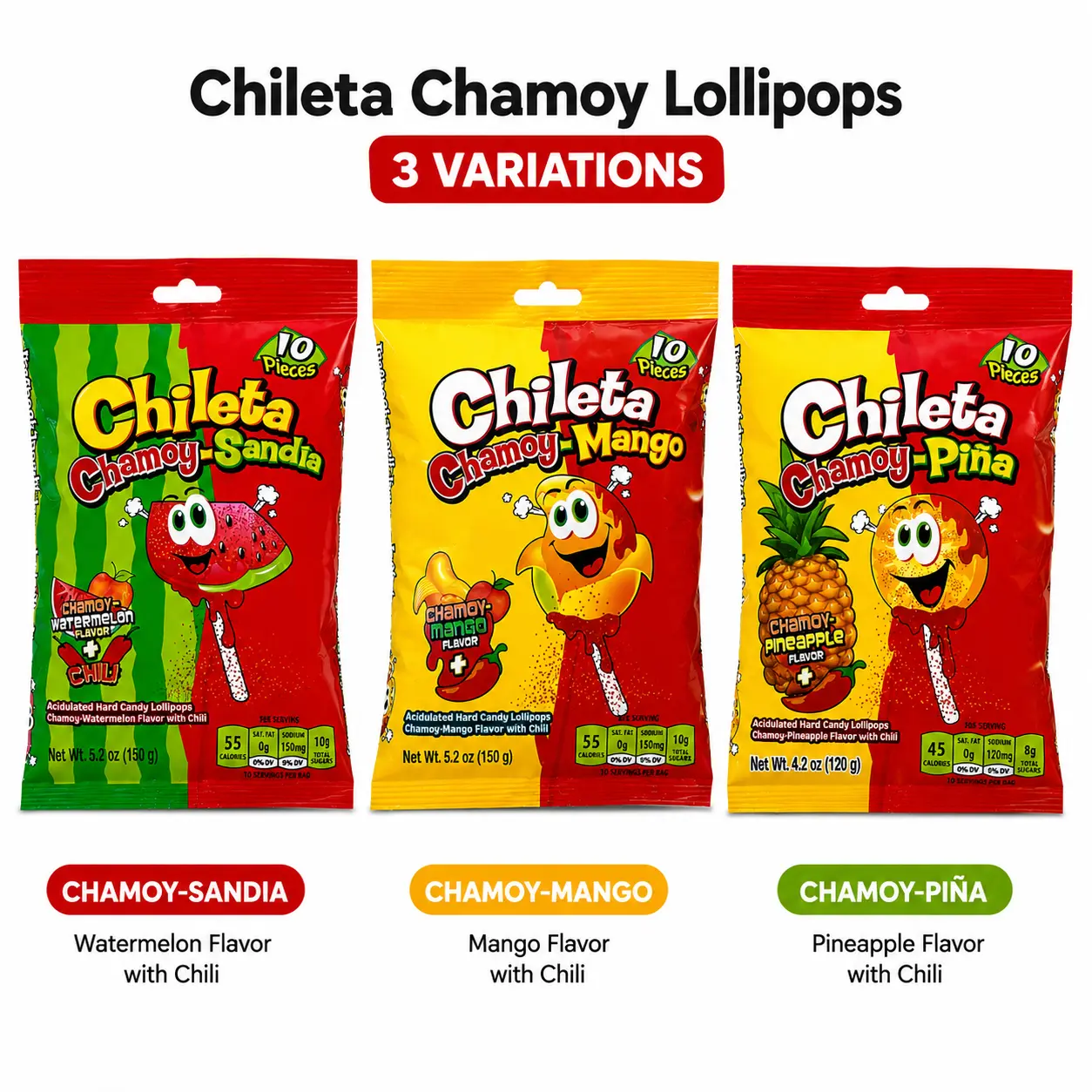 Chileta Chamoy Lollipops 10ct | Mexican Sweet, Tangy & Mild Spicy Candy (Piña, Mango & Watermelon Flavours)