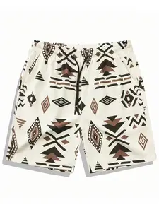Men's Vintage Aztec Print Tropical Shorts Summer Loose Drawstring Casual Half-Length Pants with Pockets Breathable Beachwear Daily Vacation Wear