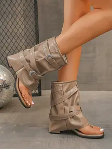 Women's Open Toe Square Heel Short Boots, Trendy Stylish Double Buckle Decor, Nail Detail, Fashion Design for Casual & Party Wear, Spring, Perfect Gift