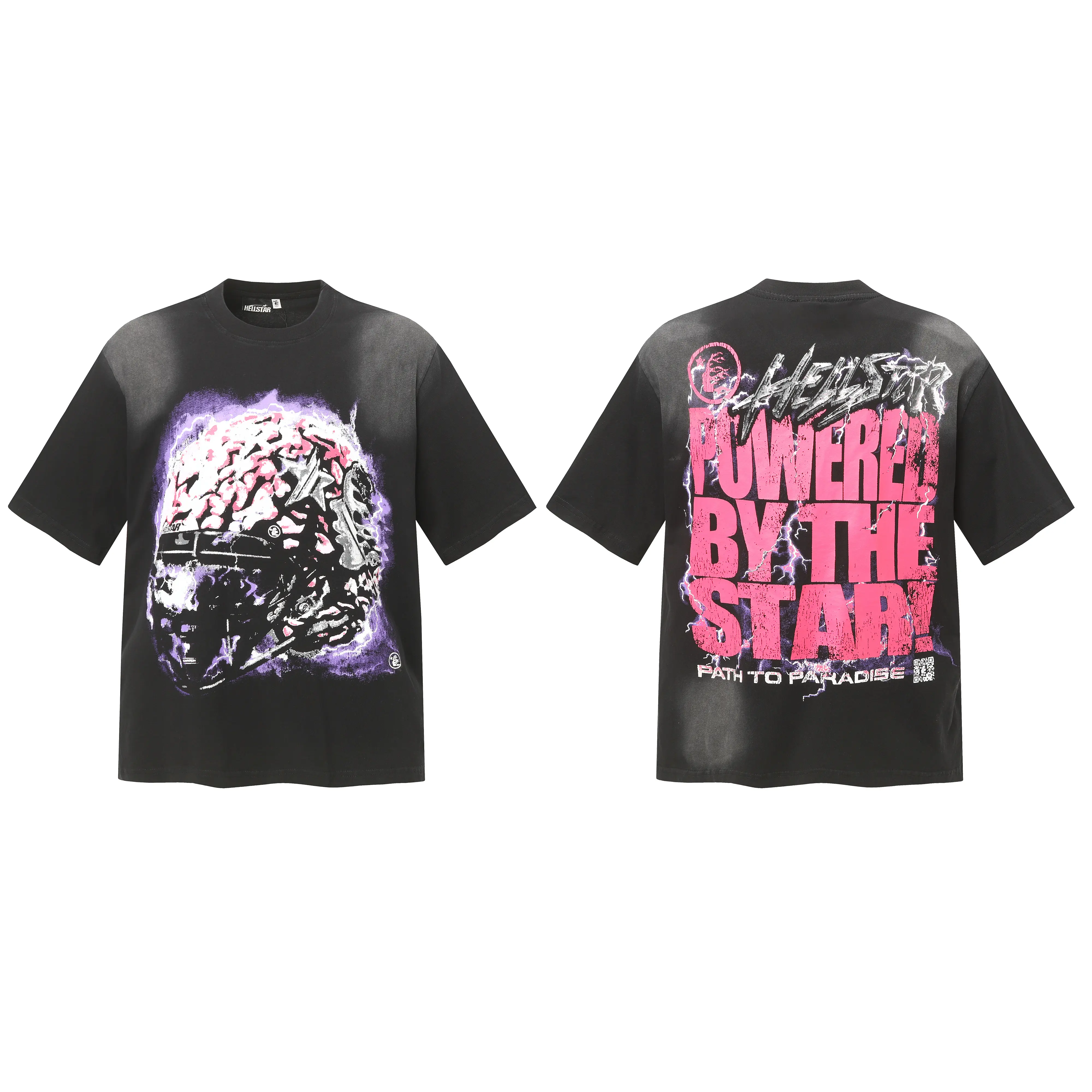 HELLSTAR Certified Premium Purple Aura Brain Shirt Pink Text Back Print Vintage Rap Tee Mens Standard Fit