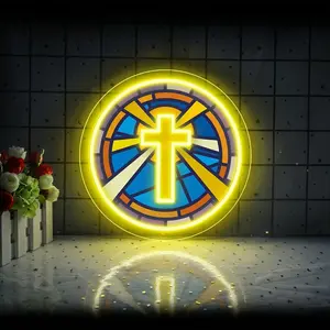 Church Cross LED Neon Lights, Christmas Decorations, Colored Christian Stained Glass Printing Design, Stained Glass Patterns, Religious Decorations, 12.59*12.59inches-Valentine's Day Decor.