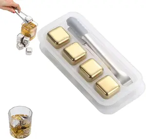 Wine Pearls for Chilling Wine,Wine Chilling Stones,Stainless Steel Ice Cube,Reusable Metal Ice Cubes for Whiskey,Metal Chilling Stones for Drinks,Whiskey Chilling Rocks,With Ice Tongs (4, Gold) Plastic Set Utensils Birthday Tray