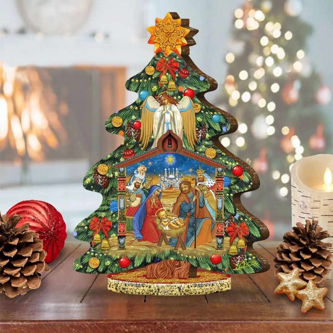 Designocracy 89304 Handmade Solid Birch Christmas Nativity Scene Miniature Decor Ornaments, 17x11x4 in Tabletop Christmas Home Decor, Festive Holiday Gift, Miniature Tree