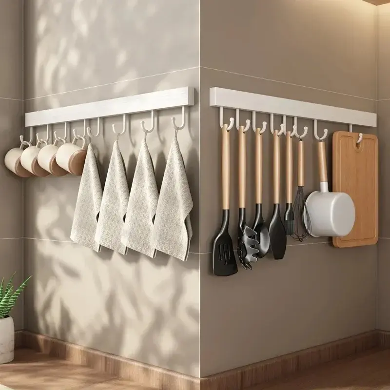 Aluminum Alloy Wall Mounted Multi-Hook Utensil Rack - No Drill Multi-Size Storage Organizer Shelf, Spoon Holder, Apartment-Use Home Organizer for Space Saving