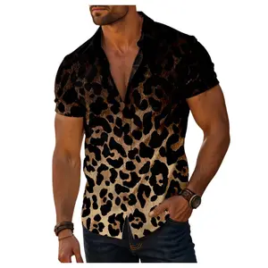 Leopard Print Button Down Shirt Short Sleeve Collar V Neck Casual Shirts