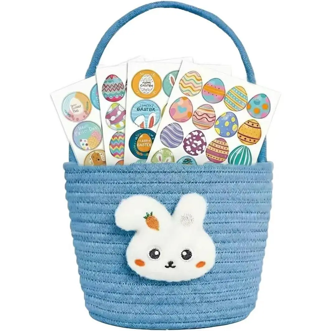 Easter Basket,Woven Bunny Egg Baskets with Handles, Empty Egg Hunt Bags, Gift Basket for Kids Boys Girls(blue)
