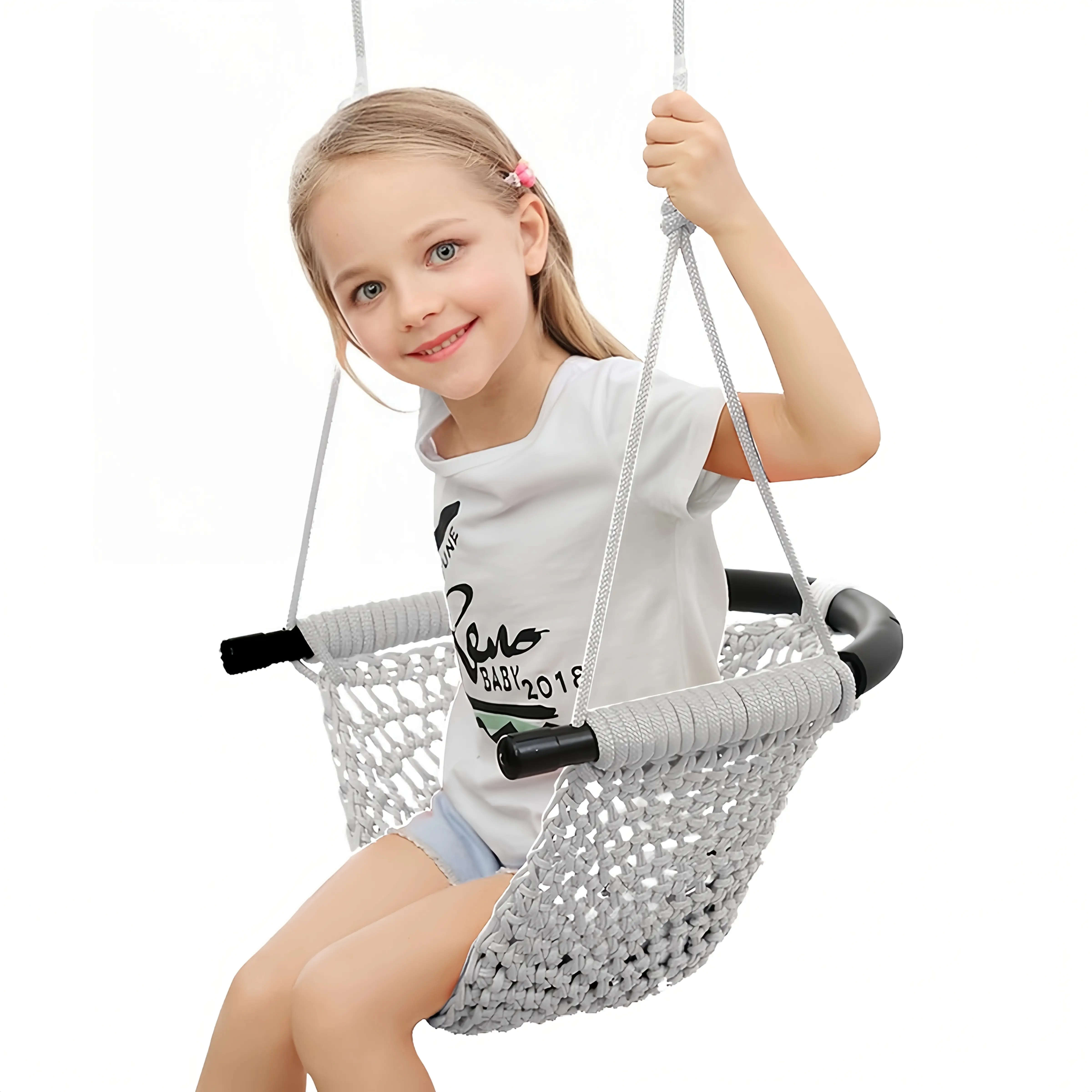 ROPECUBE Hand-Knitted Toddler Tree Swing - Heavy-Duty Rope, Adjustable Ropes, 440 lbs Capacity, Easy Maintenance, Weather Resistant, All Seasons, Attachment Gym Sets & Swings (Silver), Kids Outdoor Play