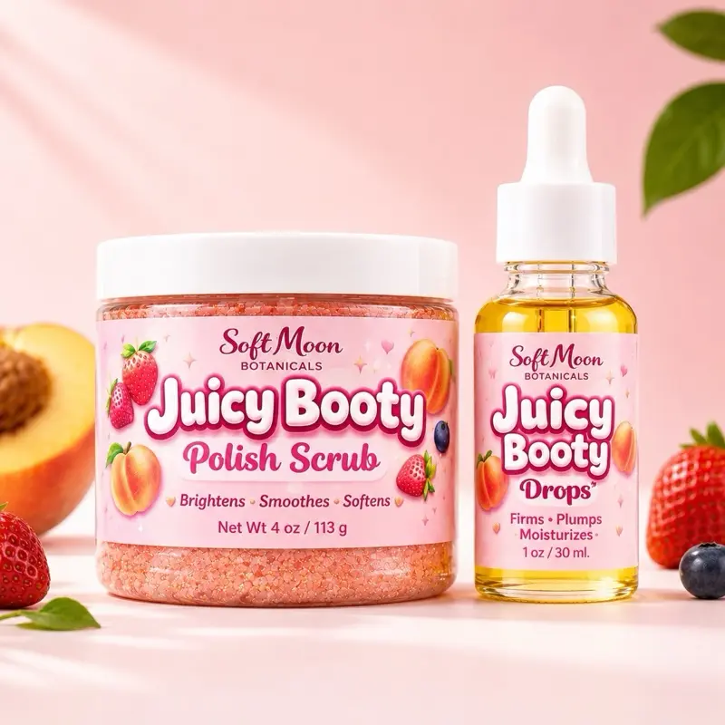 Juicy Booty Scrub & Booty Drops Set | Brightening Body Polish + Glow Oil Duo | Smooth Soft Skin | Butt, Thigh Exfoliating Scrub | Hydrating Moisturizing Cleansing Radiant Cleanser Moisturizer