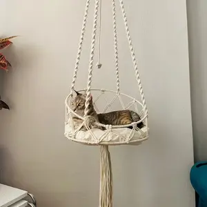 Bohemian Style Macrame Cat Hammock, Handwoven Polyester Fiber Hanging Cat Bed, Universal for All Seasons, Includes Soft Cushion