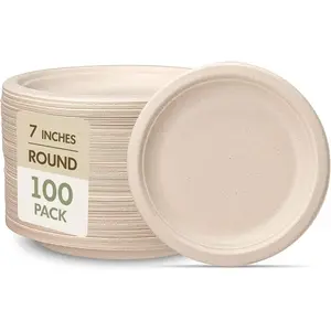 7 Inch Round Paper Plates 100 Pack - 100% Compostable Disposable Dessert Plates, Microwavable, Oil/Water Proof, Eco-Friendly, Brown Sugarcane Bagasse for Parties & Everyday Use