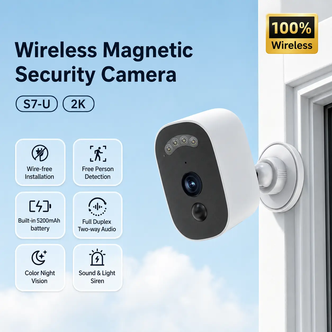 JOOAN S7-U 2K Wi-Fi Wireless Outdoor Security Camera, Magnetic Mount, AI Human Detection, Color Night Vision, 2-Way Audio, IP66 Waterproof, 5200mAh Battery