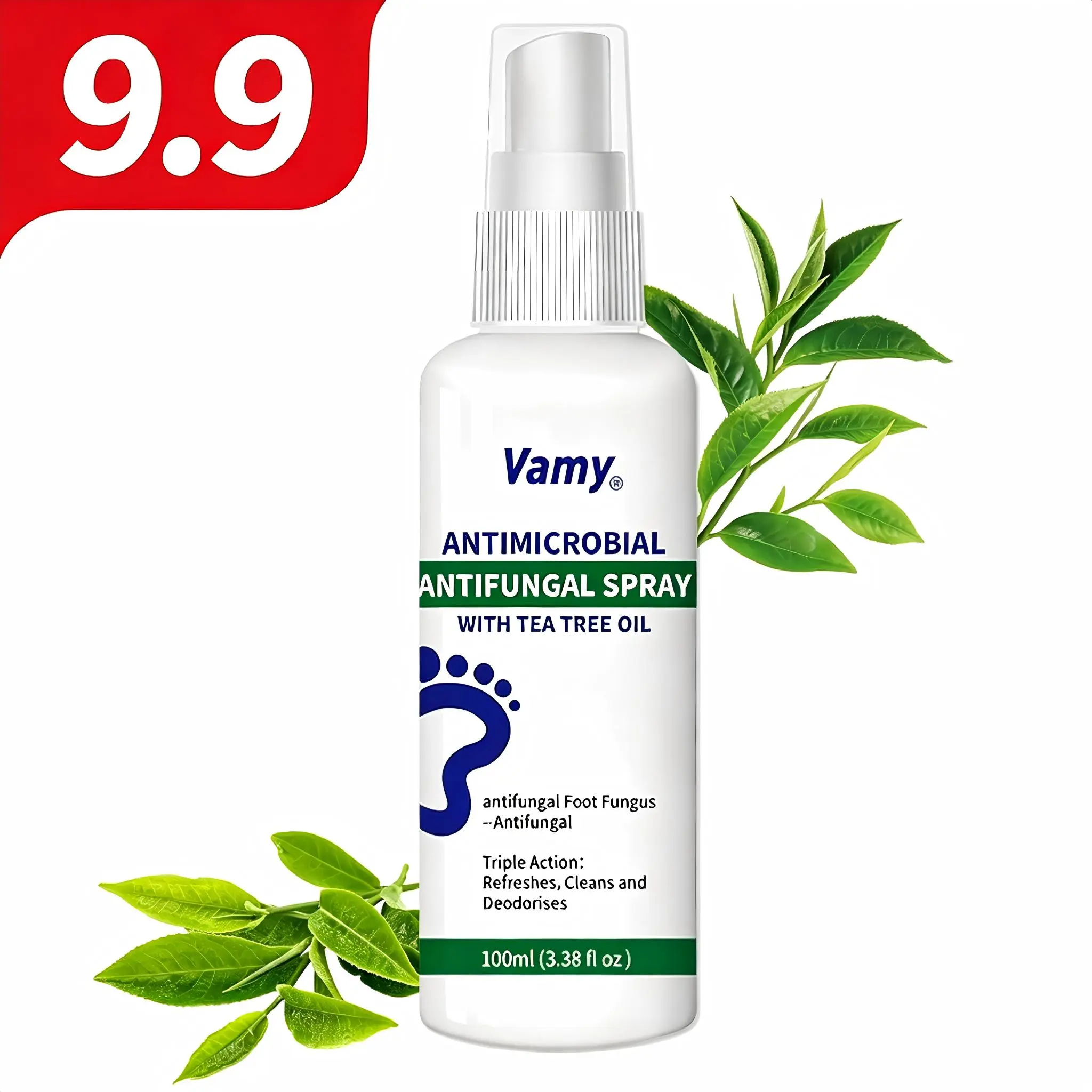 VAMY Tea Tree Oil Foot Spray -3.38 fl oz (100ml)  – Antifungal Deodorant for Odor Control & Athlete’s Foot, Moisturizing Care for Dry Cracked Heels, Natural Shoe Freshener