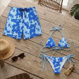 [Hot Summer 2026] - Couple Matching Swimwear Summer 2026 – Blue Floral Bikini Set for Women & Hawaiian Shorts for Men, Tropical Beach Outfit