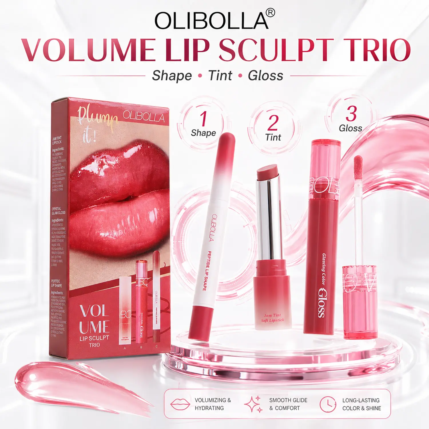Volume Lip Sculpt Trio | Lip Combo for Plump, Hydrated & Glossy Lips | (3 Shades, Lip Mate Pencil 0.85g, Melting Balm 3g, & Color Gloss 4g)