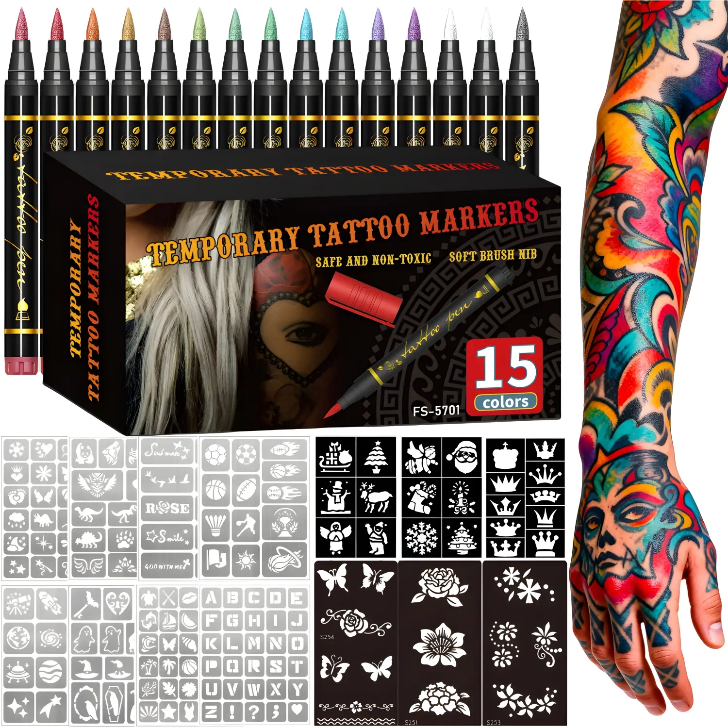 Temporary Tattoo Markers for Skin, 10/15 Colors Tattoo Pens, Flexible Brush Tip, Bright Colors, Halloween Makeup, Face Paint Kit