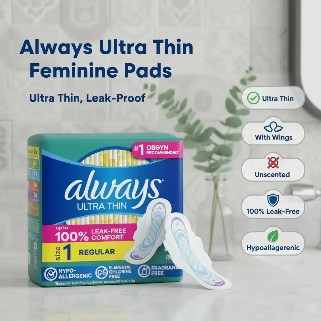 Women's Always Ultra-Thin Feminine Pads with Wings, Size 1 Regular Absorbency, Unscented, Up to 100% Leak-Free Protection, 46 Count