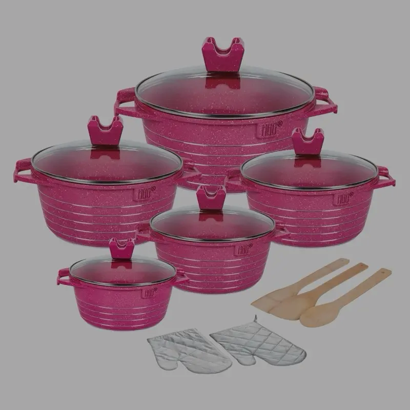 15 pcs Non-Stick Cookware Set with Lids Wooden Spoons and Oven Mitts for Easy Cooking