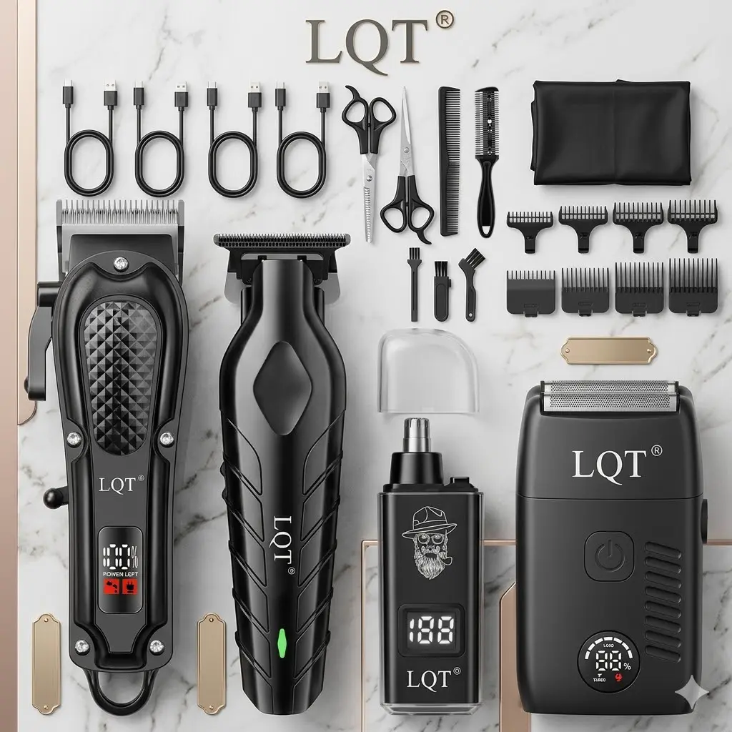 LQT 4-in-1 Professional Grooming Kit for Men, Rechargeable Cordless Adjustable Blade Clippers for All Hair Types, Beard Trimmer, Shaver & Nose Trimmer with LED Display, Rechargeable Cordless Clippers, Hair Styling