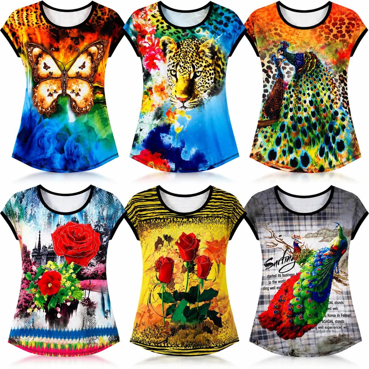 6-Pack P0049 Women's Plus Size Lightweight Graphic T-Shirts, Womenswear Top for Daily Wear
