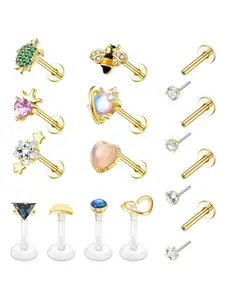 14 PCS 16G Threadless Nose Stud Lip Rings Set for Women Surgical Steel Screw Back Flat Back Earrings Tragus Piercing Jewelry Flat Pierced Jewelry