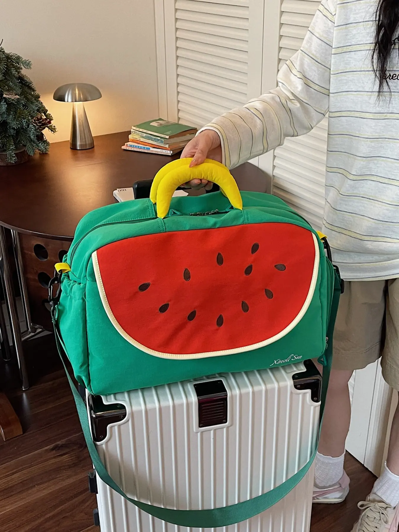 Cartoon Watermelon Large Capacity Travel Bag, Cute Short Trip Luggage Bag, Handheld Crossbody Dual Use, Lightweight Fruit Print Backpack