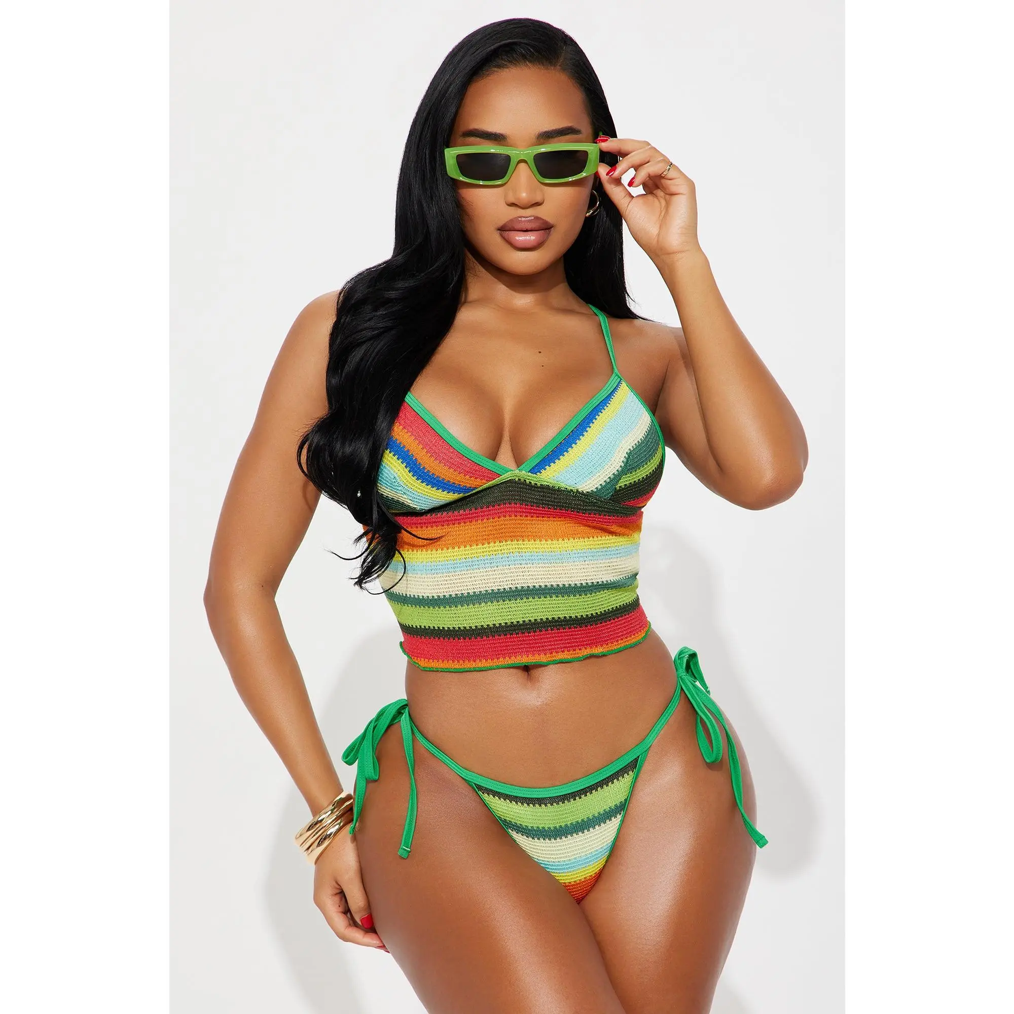 Samira Textured Stripe Tankini 2 Piece Bikini - Green/combo