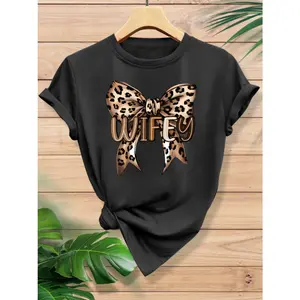Womens Graphic Tee Wifey Leopard Bow Print Short Sleeve Crewneck Casual Loose Fit Soft Cotton Top Cute Trendy Streetwear Everyday Outfit