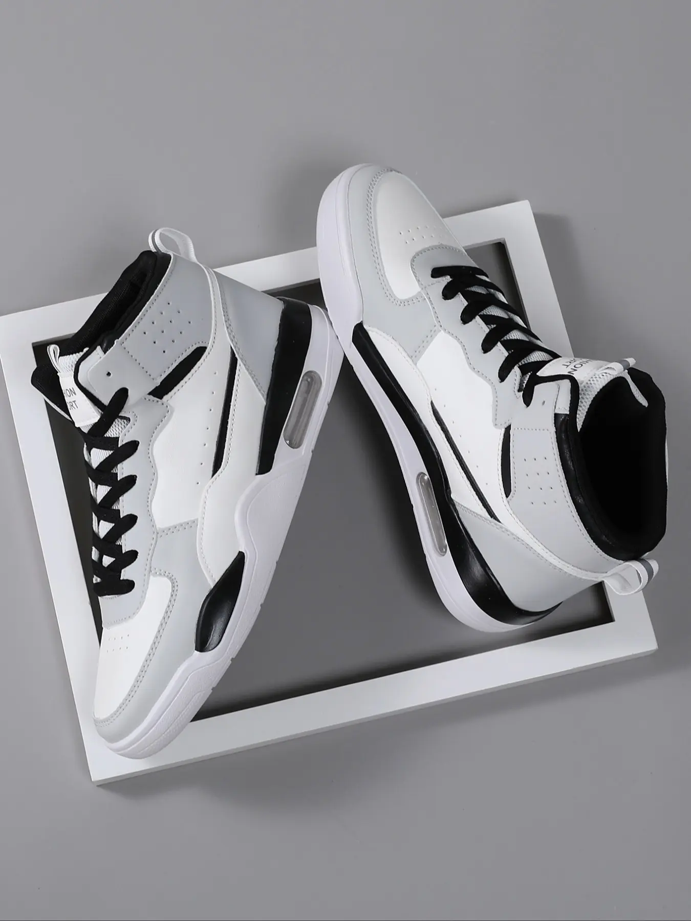 High Top Men's Stylish Basketball Shoes, Fashionable Sports Shoes, Casual, Comfortable Breathable Lace-Up, Air Cushion Sole, Patchwork Design, PU Leather, All Seasons