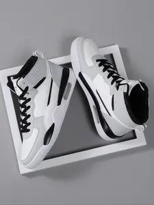High Top Men's Stylish Basketball Shoes, Casual, Comfortable Breathable Lace-Up, Air Cushion Sole, Patchwork Design, PU Leather, All Seasons