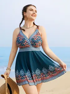 【Summer Turn-Up】【Tummy control】BlOOMCHIC Plus Size Boho Print Surplice Neck Adjustable Swim Dress [M-6X] 2026 Summer Pick for Mother's Day