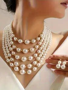 Elegant Luxury Multi-Layer Faux Pearl Necklace Set, Includes Earrings, Perfect for Women's Parties Weddings Events Jewelry Gift, Matching Jewelry Set, Fashionable Jewelry Set, Glamour Set, Necklaces Earrings Set