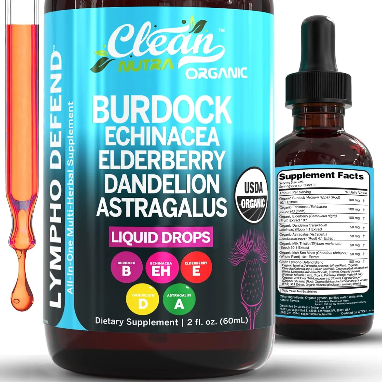 Clean Nutra Lymphatic Drainage Drops Burdock, Echinacea, Elderberry, Dandelion, Astragalus, Milk Thistle, Sea Moss for Lymphatic Support Liquid Drop - Lympho Defend