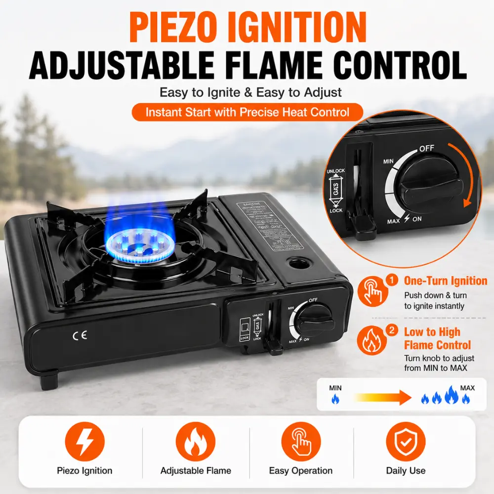 Portable Kitchen Camping Stove, 8000 BTU Dual Fuel Outdoor Burner with Piezo Ignition & Auto-Safety Shutoff, Aluminum Alloy Body with Detachable Tray, Includes Case for Hiking & Emergency Use, Camping Gear Must Haves, Multifunctional Outdoor—4140, Outdoor