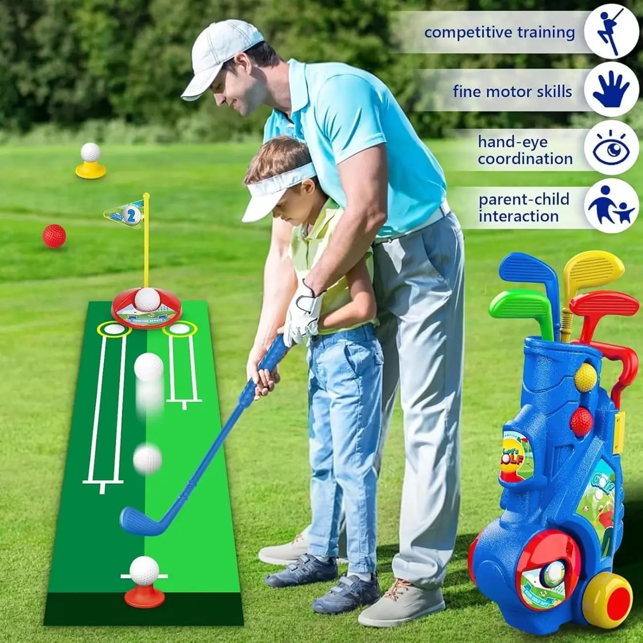 Kids' Golf Set with Putting Mat , Upgraded Kids Golf Cart with Unique Shoulder Strap Design, Indoor and Outdoor Golf Toys Gifts