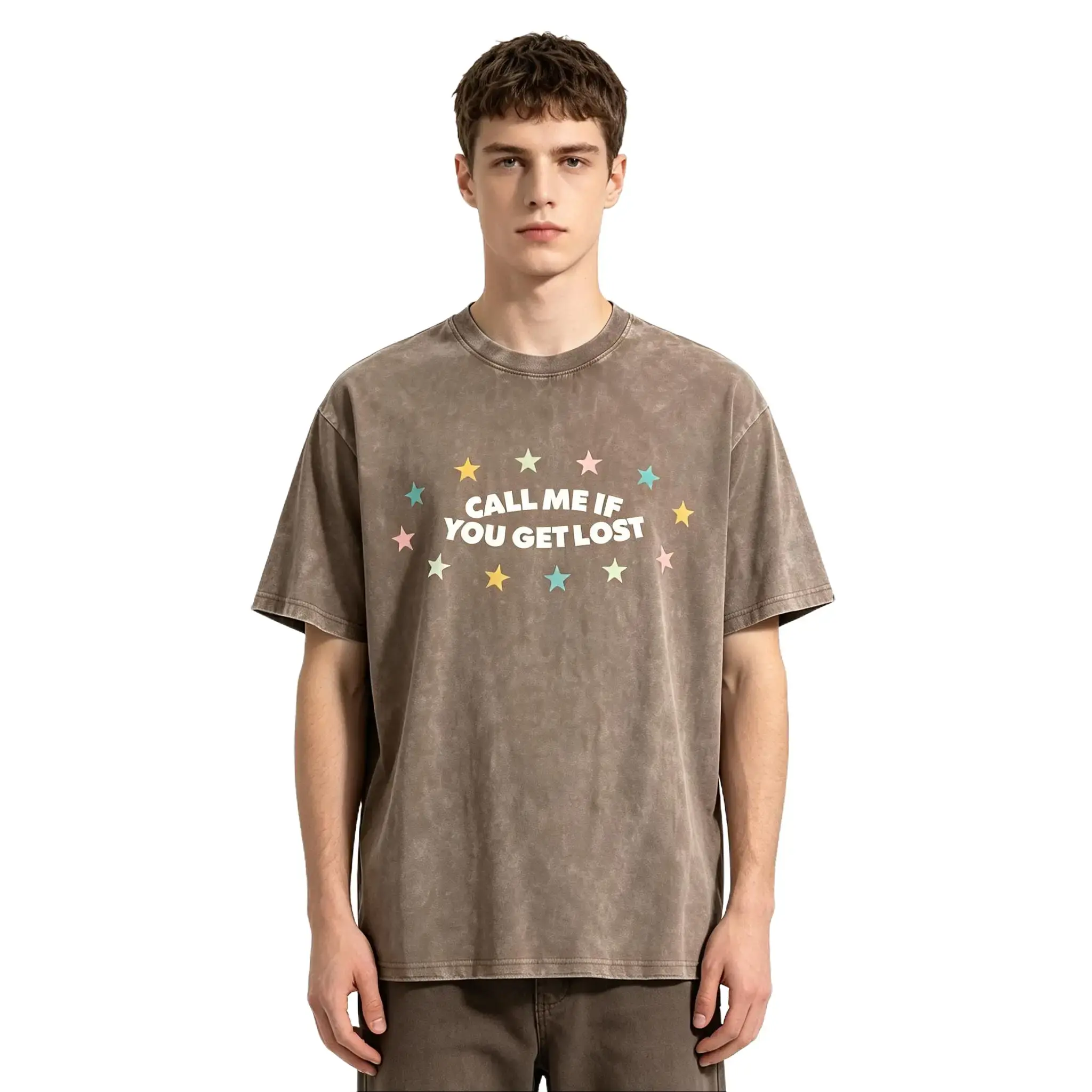 Men's vintage washed graphic t-shirt, call me if you get lost star print tee, retro streetwear aesthetic casual summer top, crew neck short sleeve soft faded cotton blend relaxed fit shirt