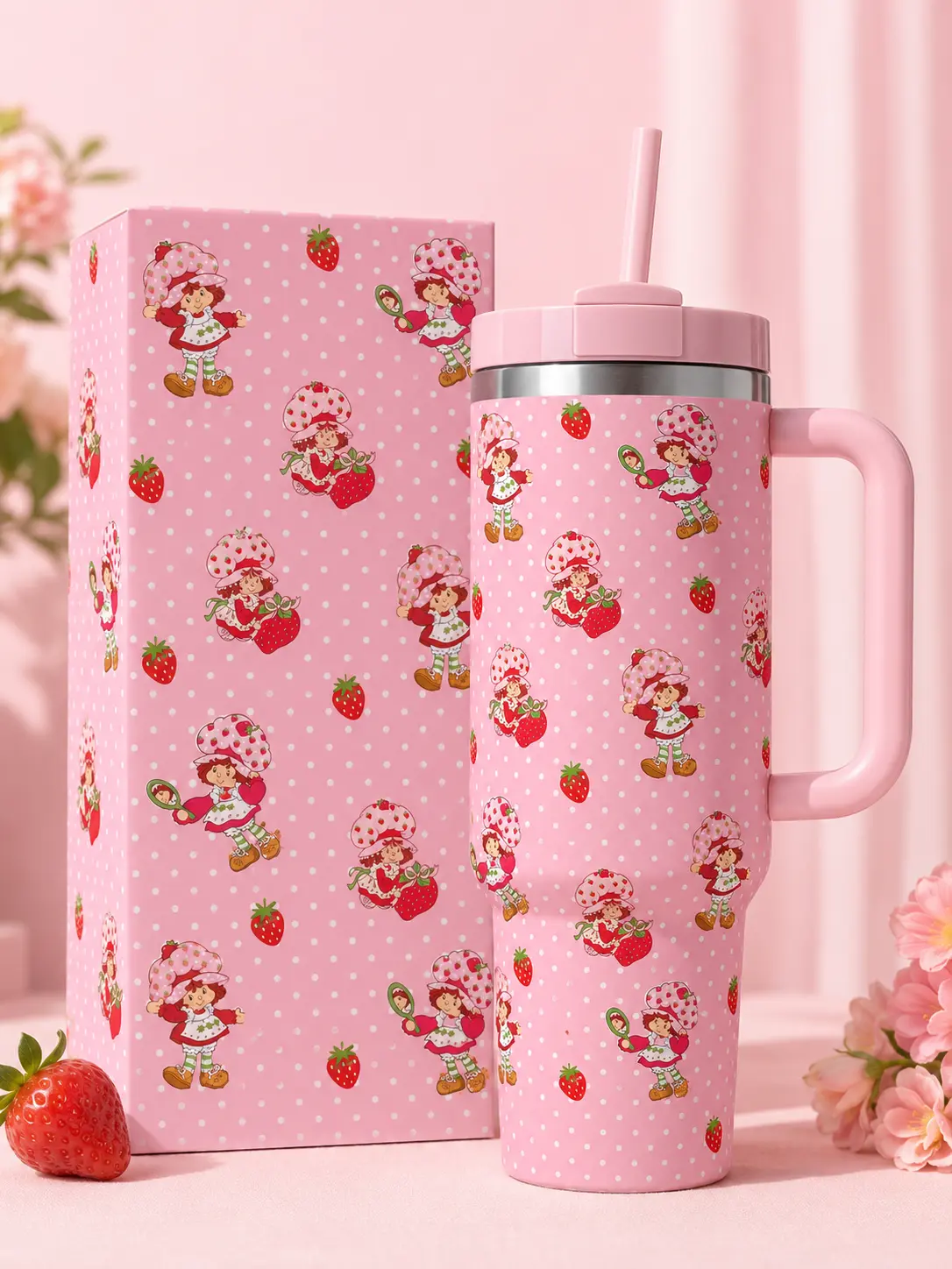 Pink Strawberry 40oz Insulated Tumbler, Cute Kawaii Travel Mug with Handle and Straw for Women